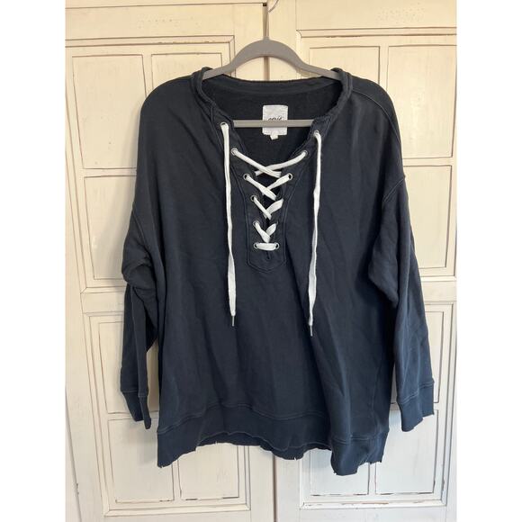 Aerie size medium oversized black sweatshirt distressed lace up - Picture 1 of 2